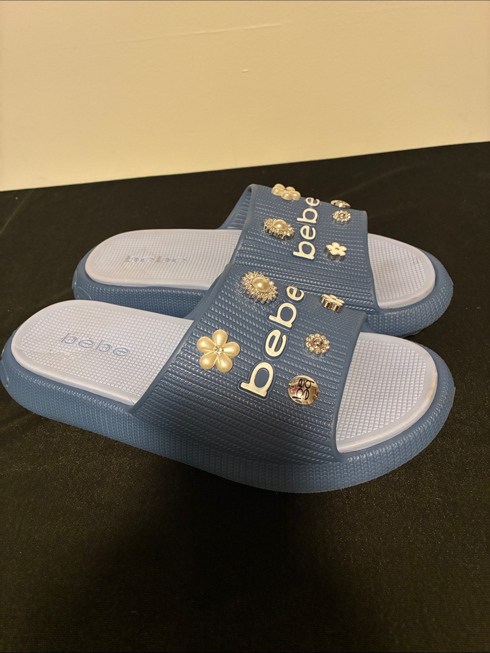 bebe Blue Slide Sandals with Gold Floral Charms